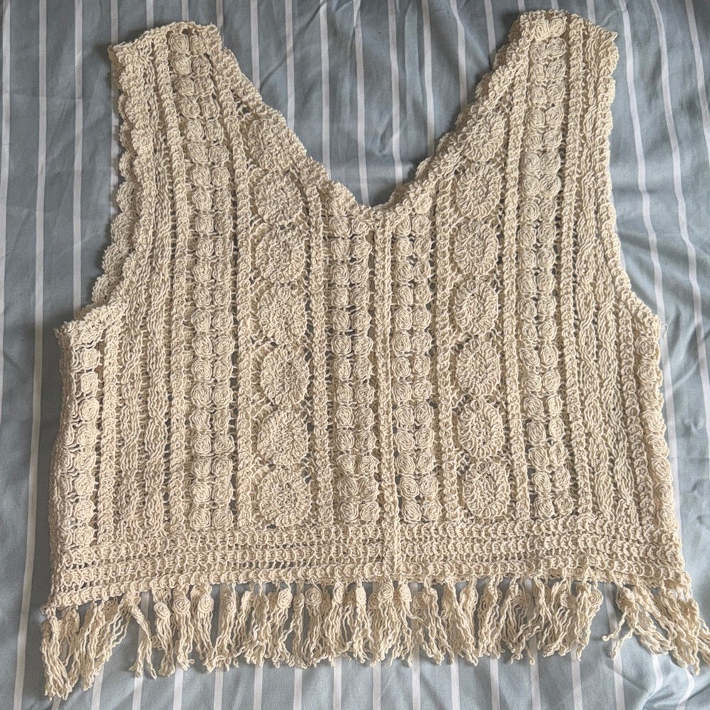 Rebellion Beige Crochet Fringe Button Vest - Picture 5 of 5